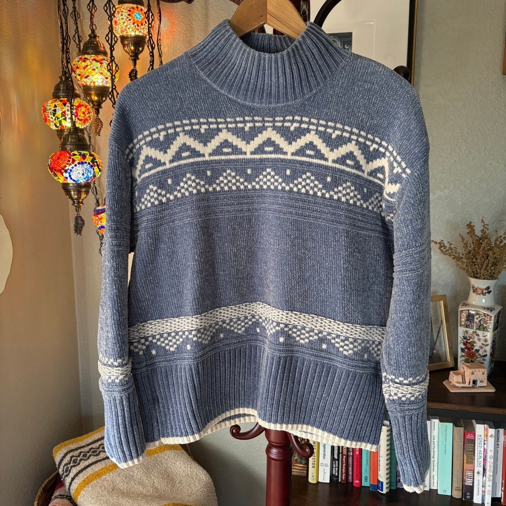 Christian Siriano Med Blue Chenille Mock Neck Sweater Cozy Textured Knit